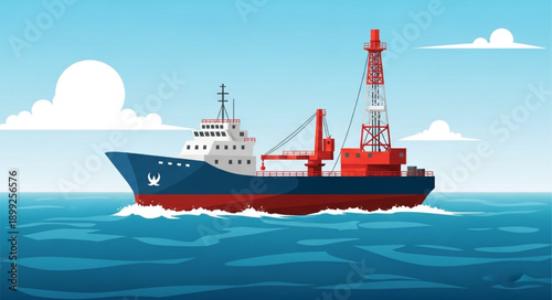 Oil Rig Ship Sailing on the Ocean Waves.