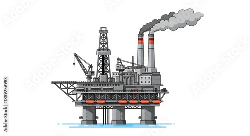 Offshore oil rig platform with smoke stacks emitting fumes.