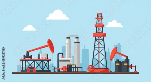 Oil drilling rig and refinery industrial complex illustration.