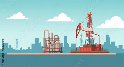 Oil drilling rig and refinery industrial complex landscape.