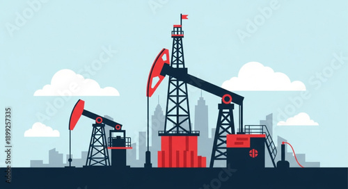 Oil pump jacks working in an industrial landscape.