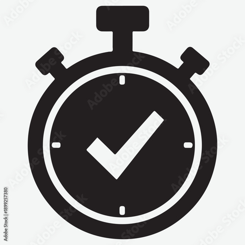 Black stopwatch with check mark showing completion and success in time measurement indicating task finished with accuracy on transparent 