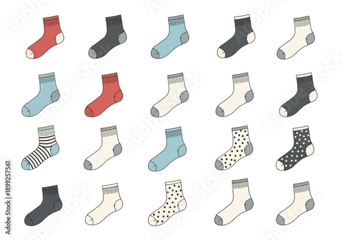 Collection of Fifteen Assorted Footwear Socks Various Colors and Patterns Displayed Side By Side for Fashion Apparel Concepts