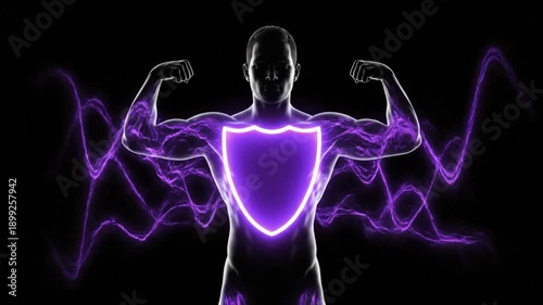 Abstract glowing purple silhouette of a strong human figure with a shield and energy waves, symbolizing protection and immunity.