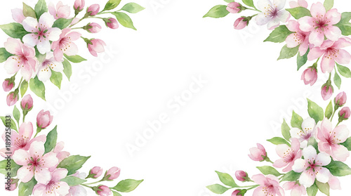 Elegant Watercolor Cherry Blossom Frame with Pink Sakura Flowers and Spring Greenery; Delicate Floral Border with Copy Space for Wedding Invitations