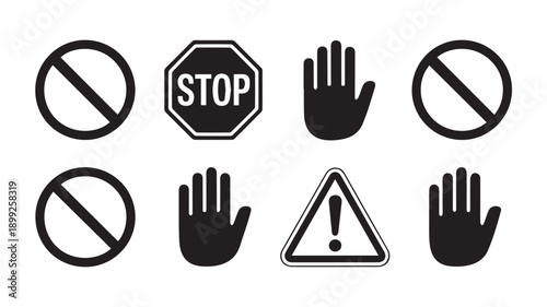Eight black and white vector icons universal warning, stop, and prohibition symbols. Features stop signs, alert triangles, no-entry circles, and hand gestures for safety