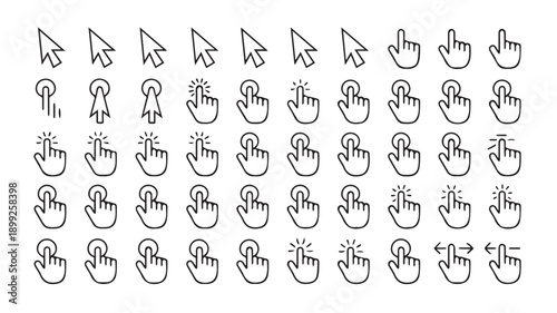 A collection of various cursor icons representing clicking and pointing actions, ideal for web design and user interface elements