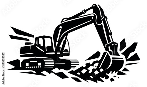 Stylized illustration of an excavator depicting ground breaking for construction