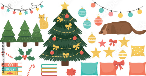 Set of cozy Christmas home decorations featuring a decorated tree with golden bows sleeping dog cat festive ornaments and books isolated on grey background