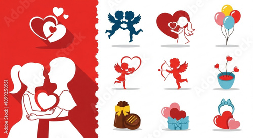 Valentine's day icons and symbols hearts cupid love romance gifts balloons festive holiday celebration couple affection sweetheart cherry blossoms bouquets chocolate cake