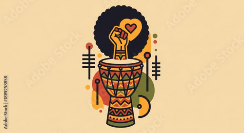 Vibrant illustration of a raised fist with heart afro hairstyle and colorful african inspired djembe drum on a beige background with eclectic patterns