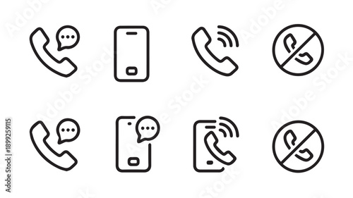 Set of minimalist black and white line icons for phone and mobile communication, featuring call status, messaging, and silent mode symbols