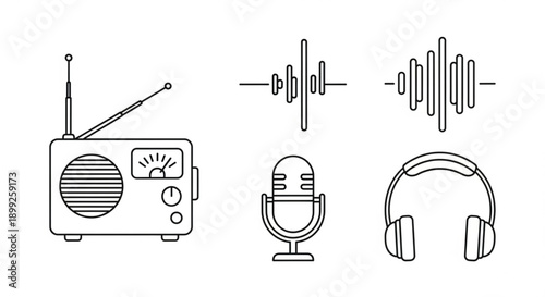 Radio broadcasting equipment set including radio microphone headphones and sound waves icons for audio production and live streaming