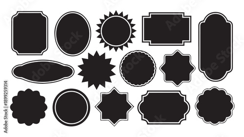 A versatile collection of black silhouette labels, frames, and decorative badges with distinct white outlines, perfect for classic design projects, branding, and stylish media