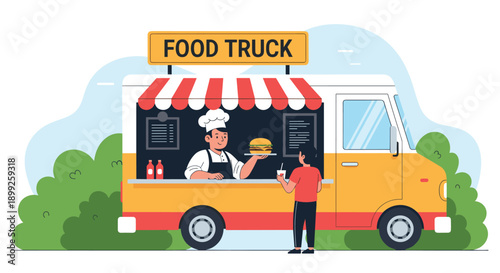 Professional chef serving a delicious hamburger to a young customer from a bright yellow and white food truck parked outdoors.