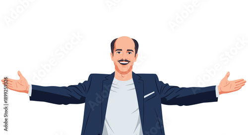 Cheerful middle-aged businessman in a navy suit with open arms welcoming or presenting something with a bright friendly smile.