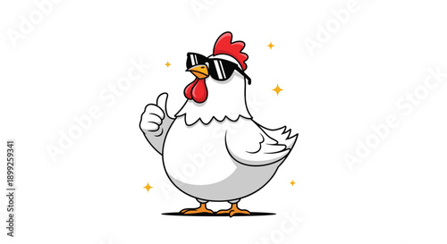 Cool white chicken character wearing black sunglasses and giving a thumbs up gesture with a confident and successful expression.