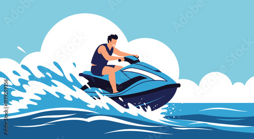 Brave man riding a blue jet ski fast on ocean waves under a bright sky with large white clouds for summer outdoor recreation.