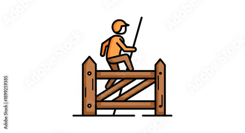 Person jumping over a wooden fence with a stick.