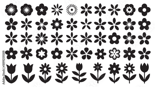 A versatile collection of 45 distinct black and white vector floral illustrations, ideal for diverse graphic design projects, decorative patterns, and nature-inspired motifs