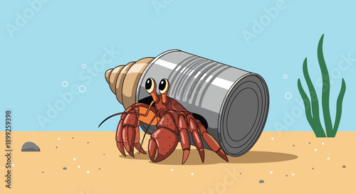 Hermit crab using a discarded metal tin can as its shell on a sandy beach underwater for a poignant environmental concept.