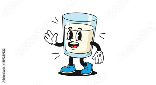 Happy cartoon glass of milk character with a friendly face waving and walking in a vintage 1930s rubber hose animation style.