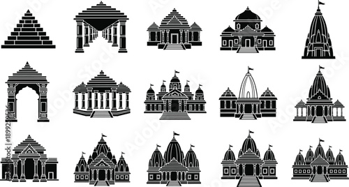 Collection of Traditional Hindu Temple Silhouette Vector Icons Featuring Ancient Indian Religious Architecture and Spiritual Worship Building Symbols for Cultural Graphic Design Projects
