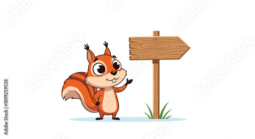 Cute cartoon squirrel character standing next to a blank wooden arrow sign on a snowy ground with green grass in winter.