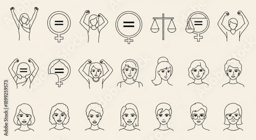 Black and white minimalist illustrations of women's faces and feminist symbols on beige background celebrating equality and empowerment
