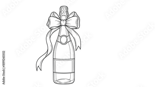 Elegant champagne bottle sketch decorated with a large ornate ribbon bow shown in a black and white line art style.