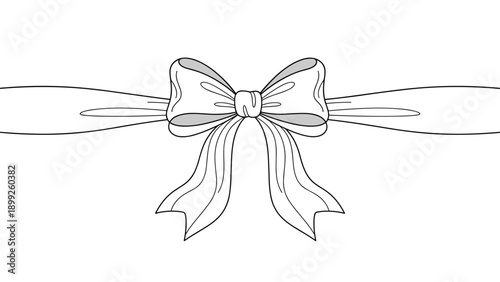Minimalist white ribbon bow with long flowing horizontal bands shown in a clean black and white line drawing style.