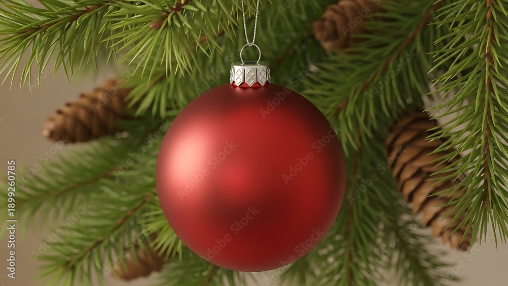 Fototapeta premium Festive Holiday Ornament Accentuating Evergreen Sprigs and Cones Close-up View