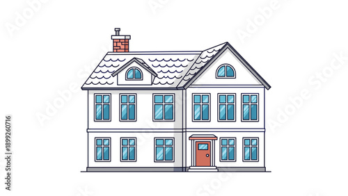 Two story residential house with a chimney and many windows stands as a cozy home for a family in a suburban neighborhood setting.