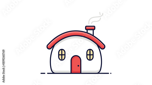 Minimalist house icon with a red roof and a smoking chimney represents the warmth and comfort of a cozy home in a simple graphic style.