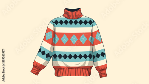 Cozy turtleneck sweater featuring a classic argyle pattern in red, blue, and white is perfect for staying warm during the cold winter season.