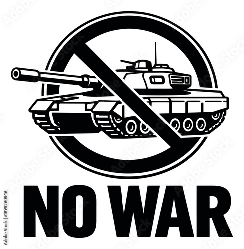 Strong line art illustration of a no war symbol depicting a tank under a prohibition sign for peace advocacy