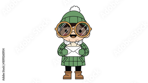 Small boy wearing oversized glasses and a green winter coat happily holds a white envelope, possibly containing a letter for a friend.