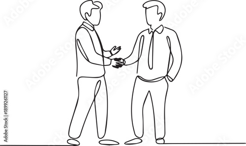 Two men in business attire shaking hands in a professional setting, viewed from the side, continuous line art illustration