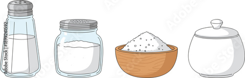 Salt Container Set with Shaker, Glass Jar, Bowl and Sugar Pot Hand Drawn Illustration Isolated on White