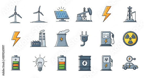 Collection of energy icons representing different power sources and technologies.