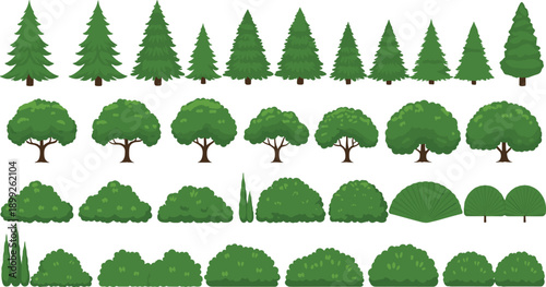 Set of various green tree and shrub illustrations featuring evergreen pines deciduous trees and decorative garden bushes isolated on grey background