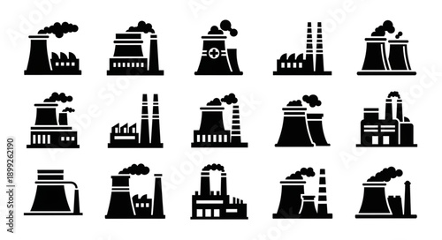 Collection of Industrial Factory Icons with Smoke Stacks.