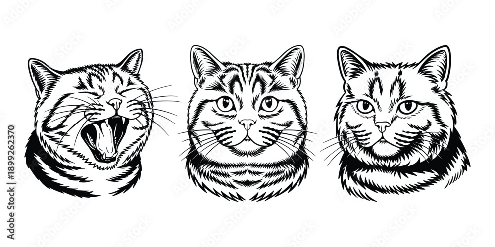 Obraz premium British Shorthair cat head illustration set, black and white line art