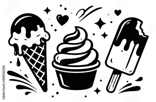 Hand drawn line art frozen dessert set featuring an ice cream cone, a soft serve cup, and a bitten popsicle for sweet treat promotions