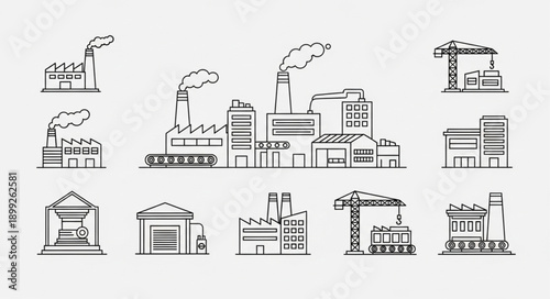 Collection of Industrial Factory Buildings and Cranes in Sketch Style.