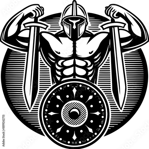 Guardian titan standing in defensive pose, protecting, vigilant, powerful, strong, illustration.