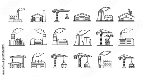 Collection of Industrial Factory and Crane Icons.