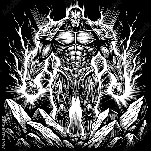 Elemental titan formed from rock and energy shapes, raw power, natural forces, fantasy art.