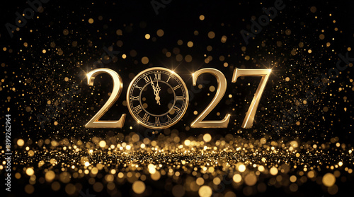 Happy New Year 2027 Countdown Concept. Gold Clock at Midnight with Glitter Sparkles. Luxury Holiday Celebration and Party Background.
