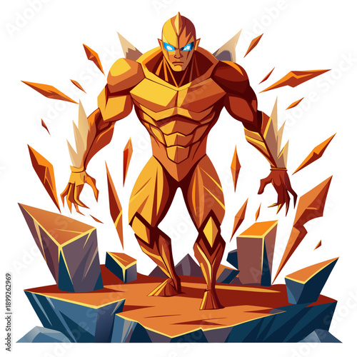 Colossal titan emerges from cracked earth, symbolizing immense power and ancient strength, epic fantasy illustration.